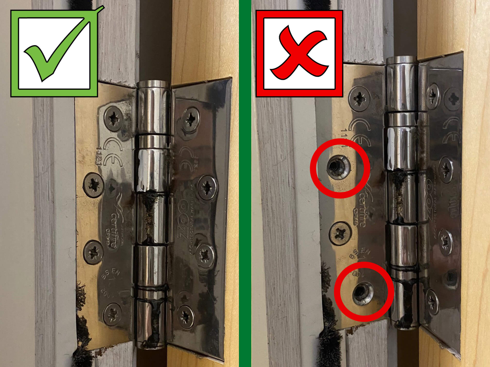 Check each hinge has no screw missing