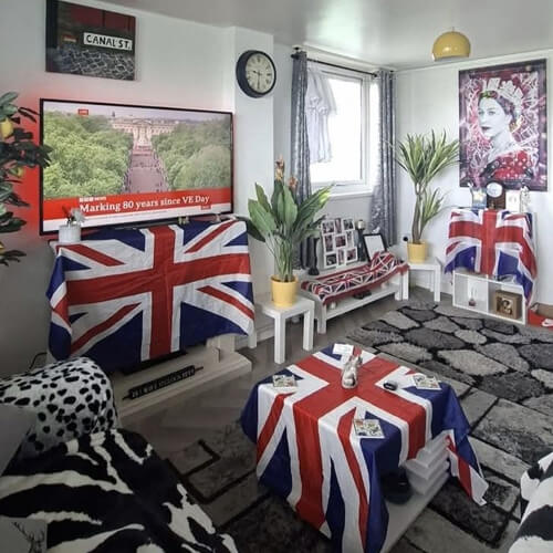 A living room decked out in Union Jack flags