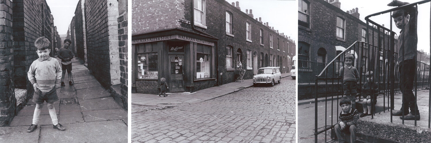 Three historical black and white photos of Salford streets, showing children, houses and a corner shop