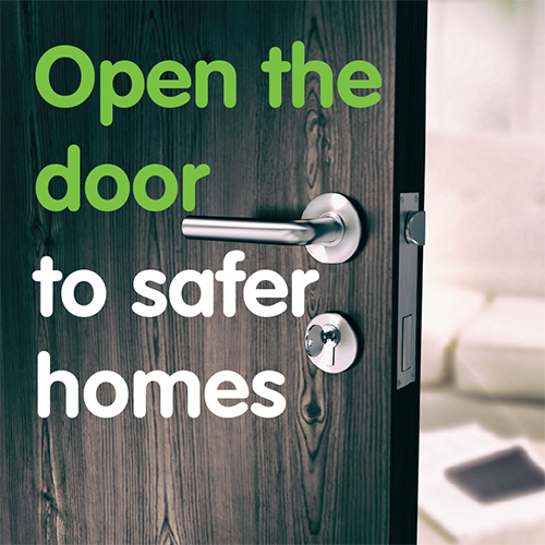 A door ajar, with the words Open the door to safer homes