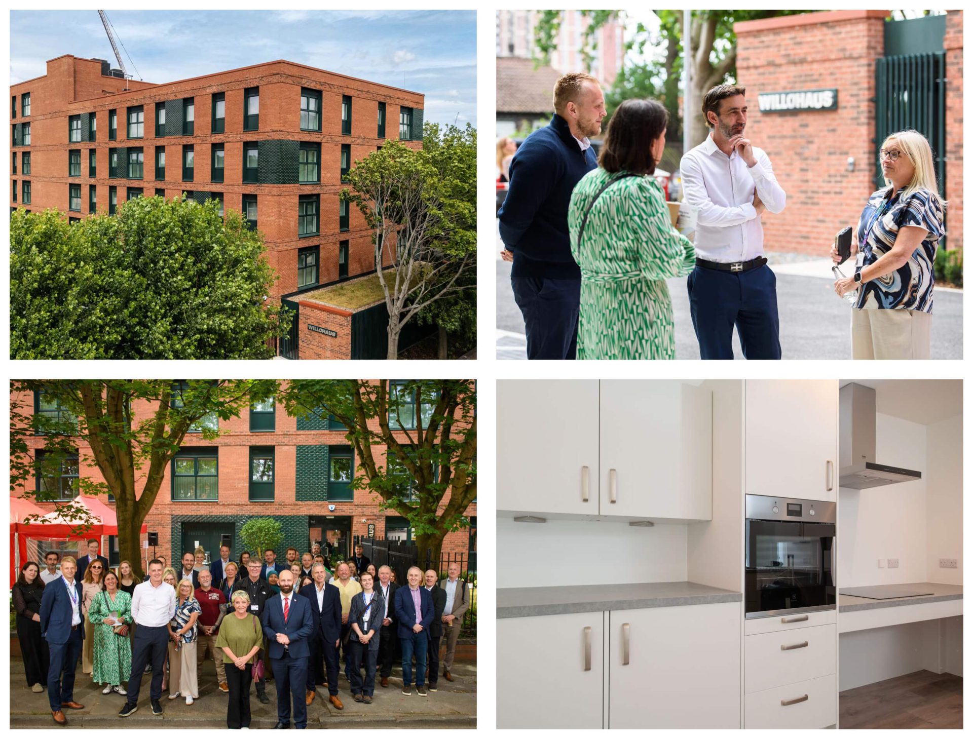 A collage of images showing Willohaus, a kitchen interior, and people chatting at the official opening event